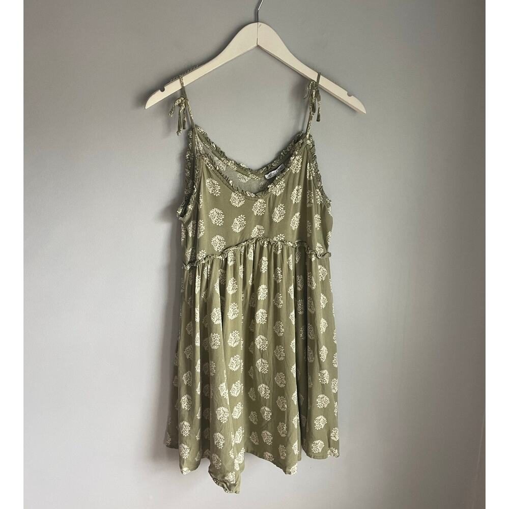 Patrons of Peace Sage Green Floral Block Print Rayon Slip Dress Boho Indie M
